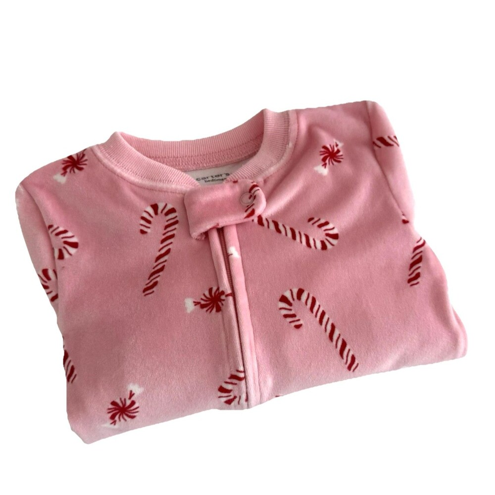 Carter's Baby Girl's 12M Pink Peppermint Holiday Velour Footed Pajama Sleeper